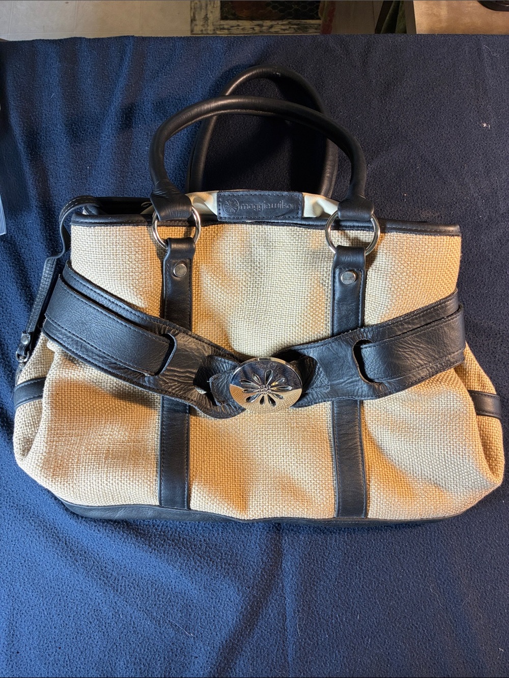 Beaded Straw Tote with Black Leather Trim and Decorative Buckle
